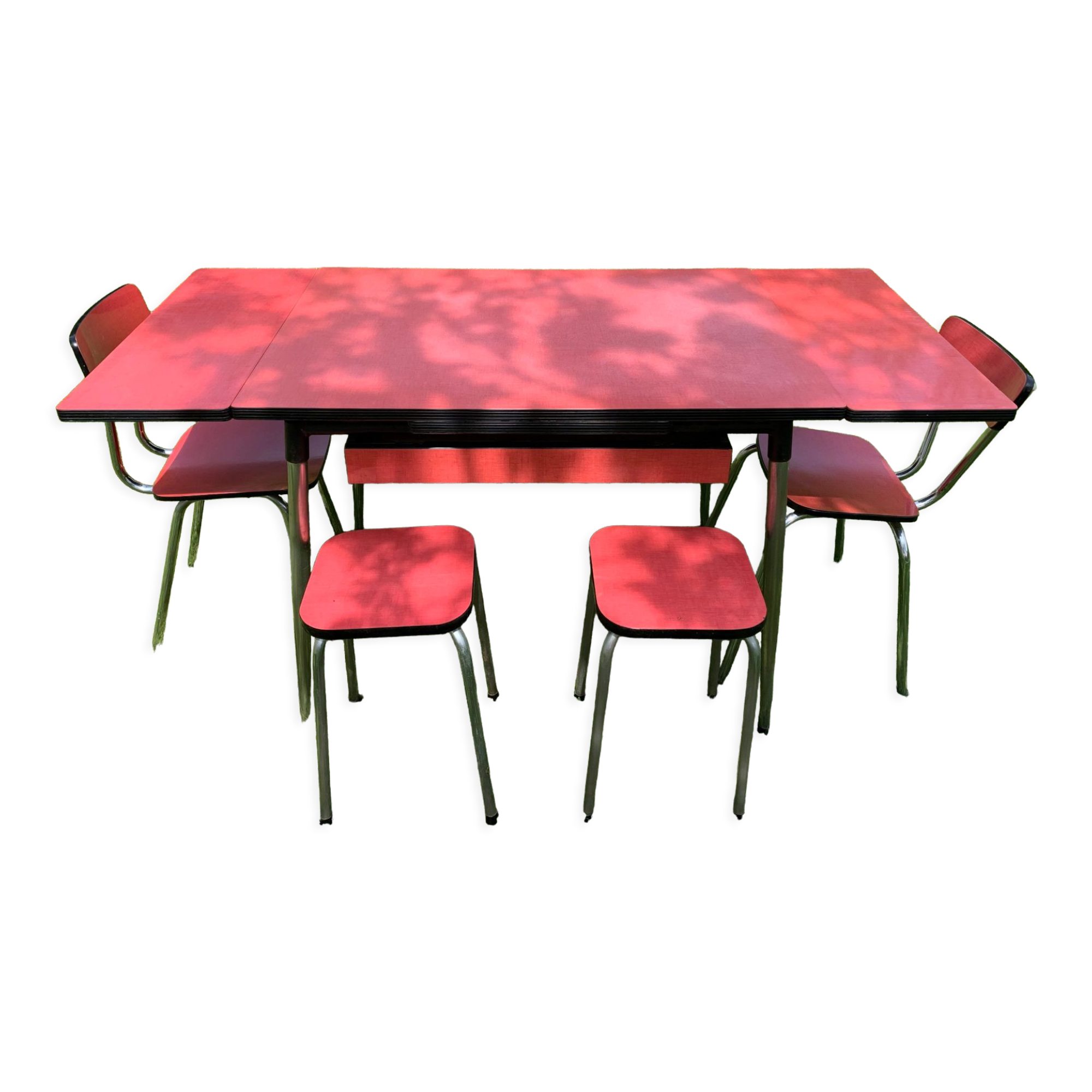 Formica table with 2 chairs and 2 stools