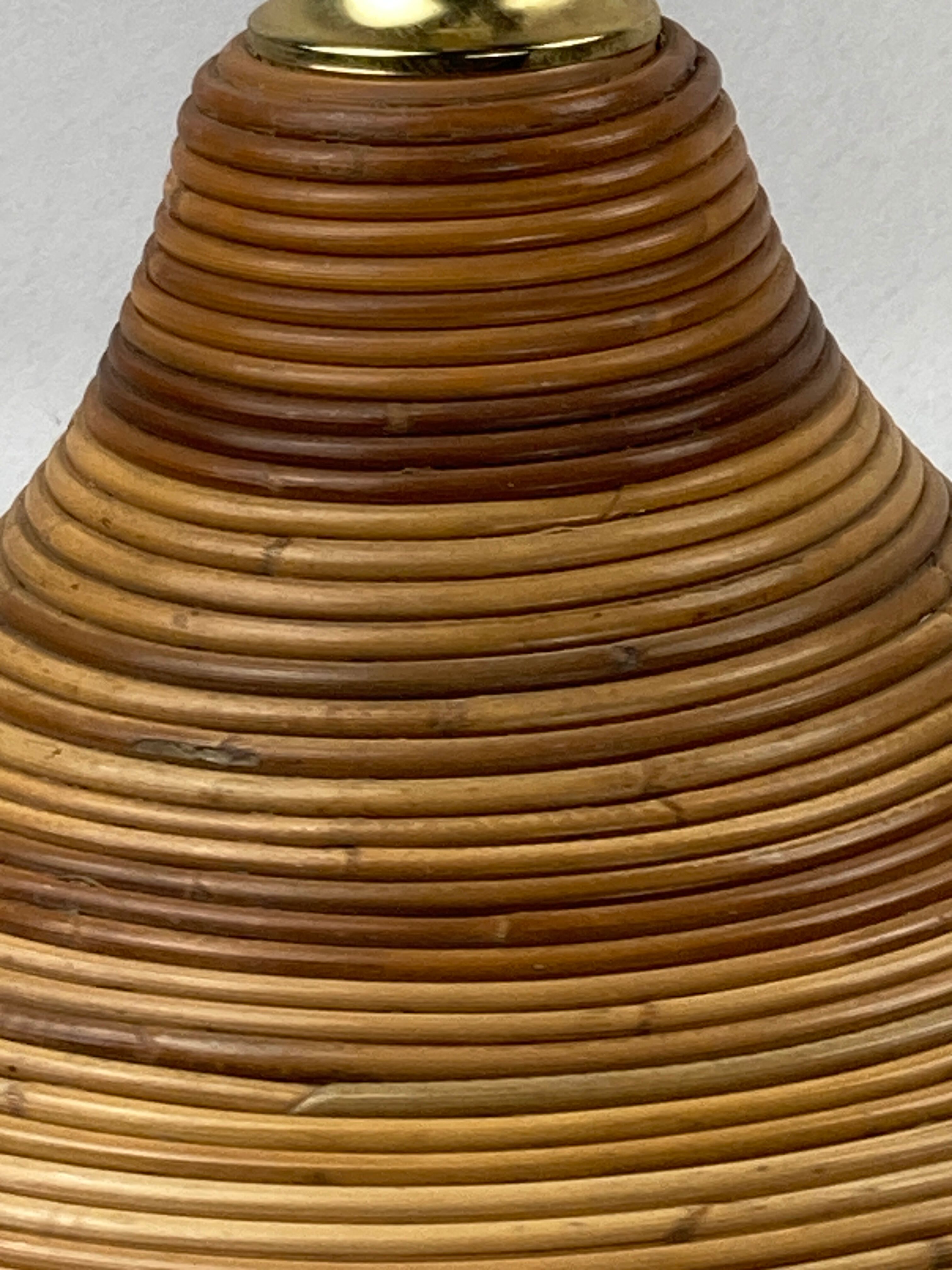 Pencil split reed rattan bamboo and brass pendant Lamp, 1970s