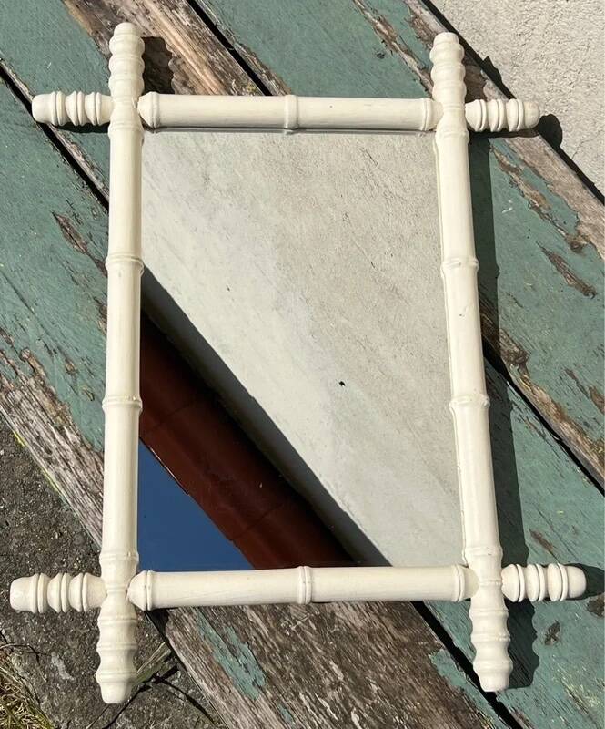 Vintage wooden turned mirror, white, rectangular, 1940s.