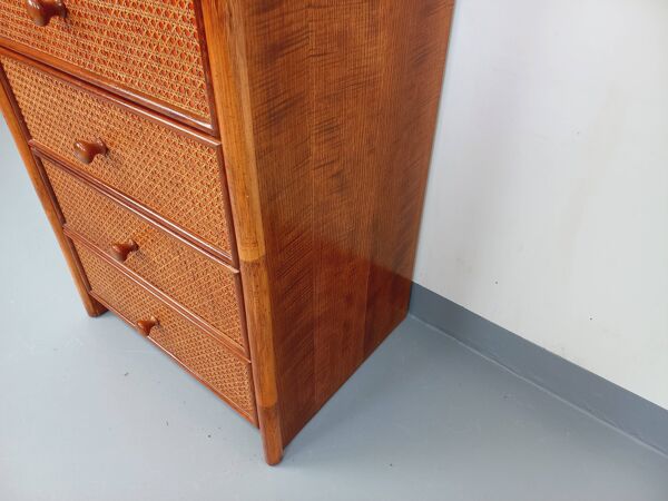 Commode chiffonnier semainier vintage en rotin, bois et cannage