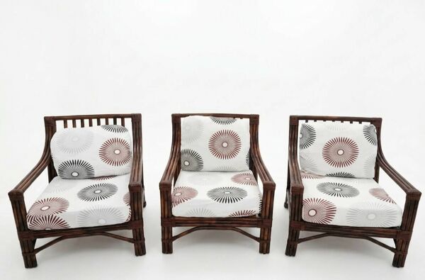 3 fauteuils Maugrion en rotin