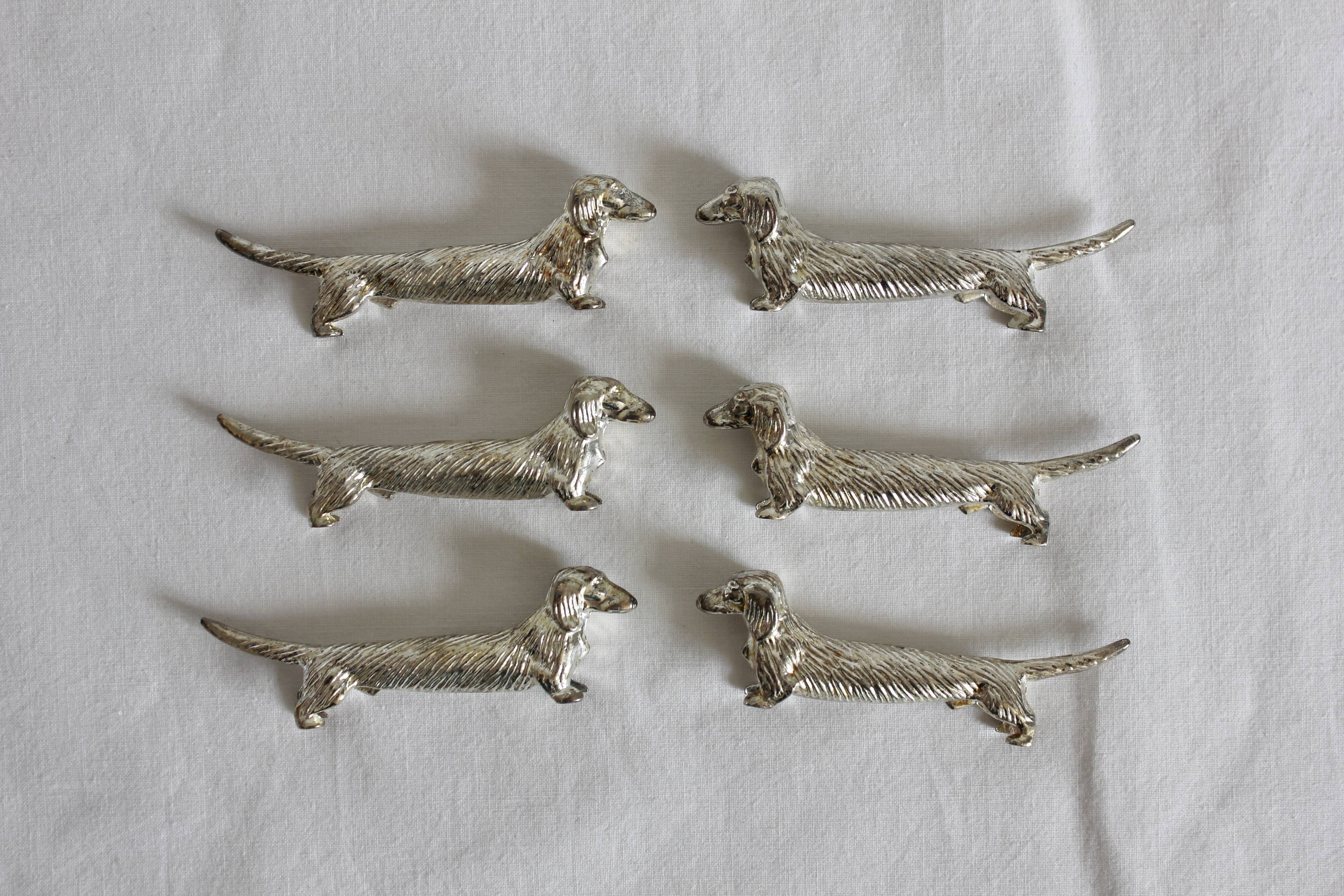 6 dog dachshund knife holders in vintage silver color metal
