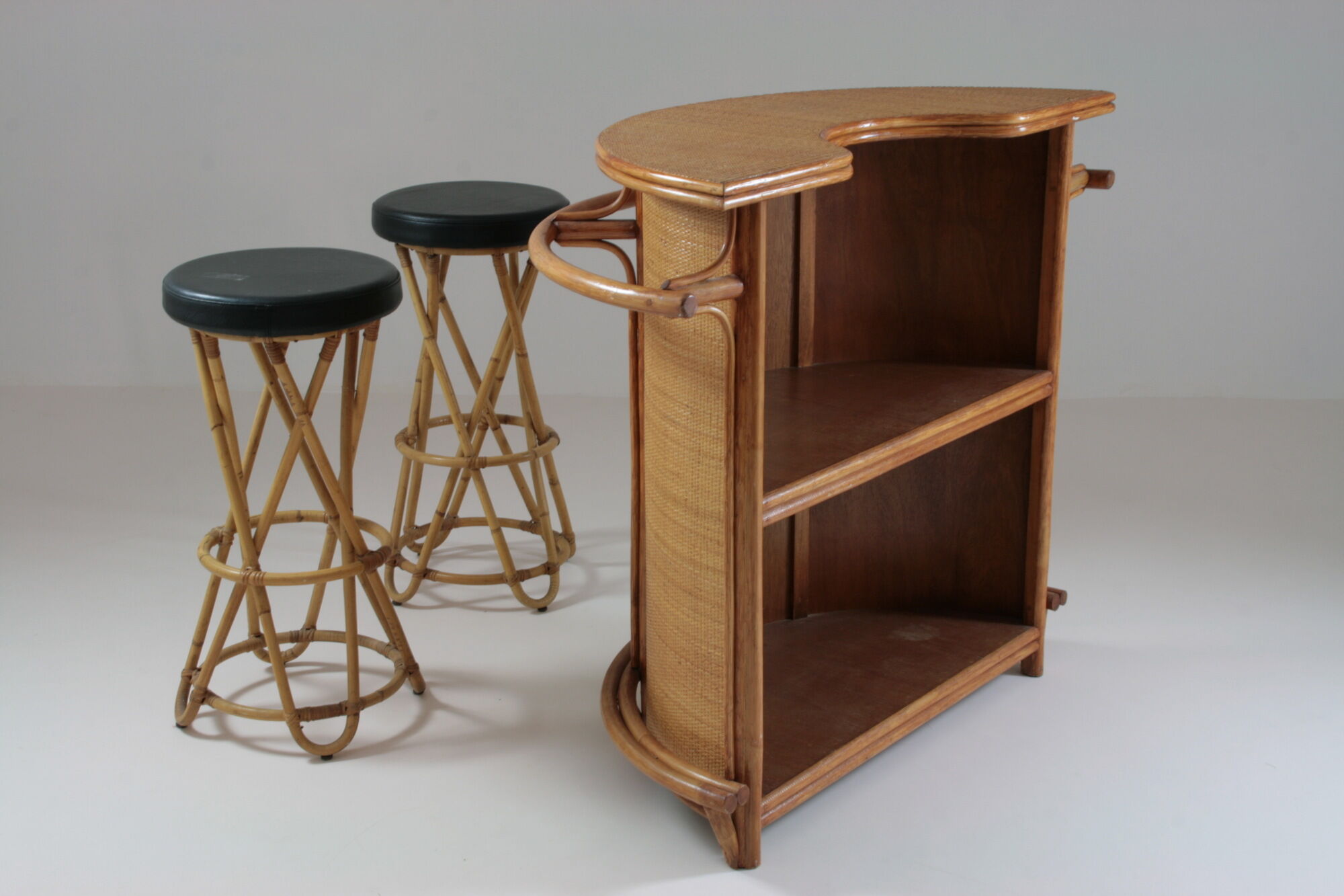 Rattan bar and stools, France 1960s, set of 3