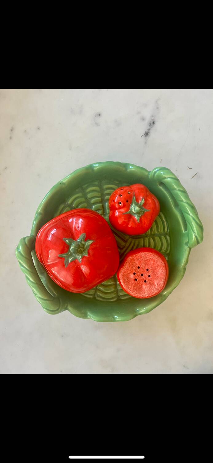Vintage earthenware set – tomato salt and pepper shakers.