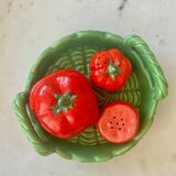 Vintage earthenware set – tomato salt and pepper shakers.