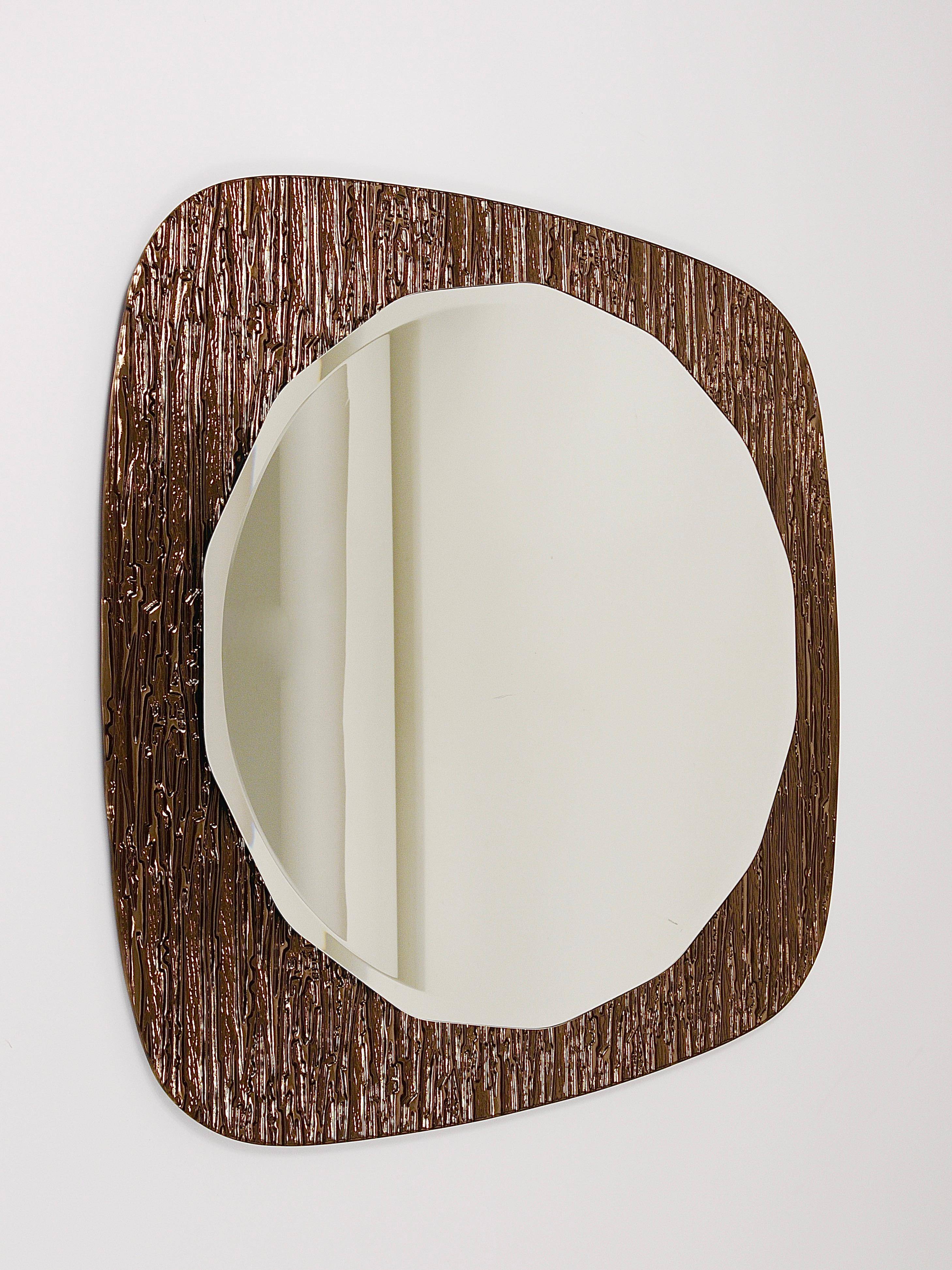 Crystal Art Sculpted Textured Wall Mirror Gold Bronze Mid-Century, Italy, 1960s