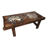 Old 70's Coffee Table Wood + Vintage Painted Ceramic Tiles #A608