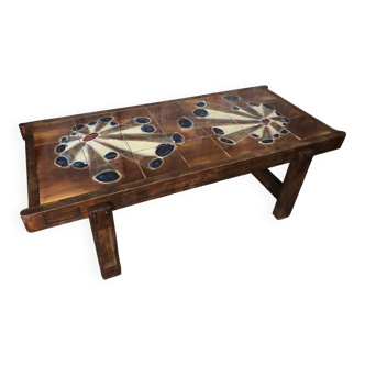 Table Basse 70’s, bois et carreaux Céramique Peinte