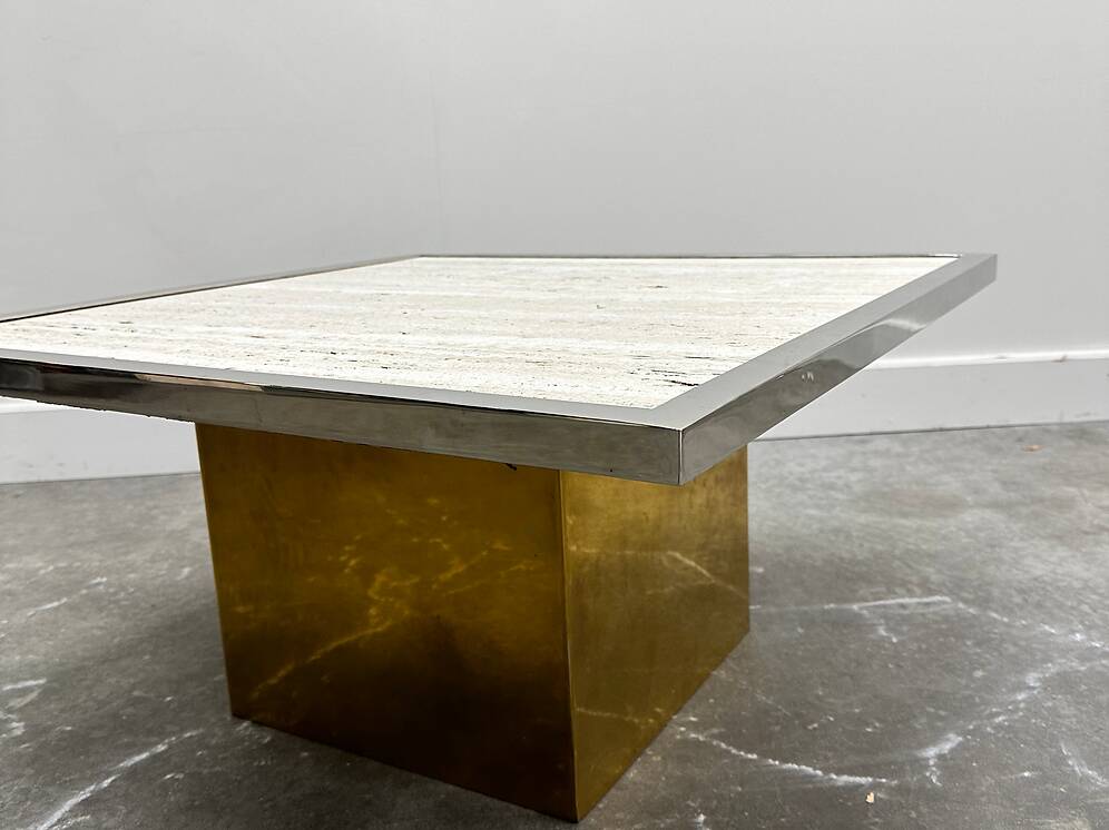 Brute travertine coffee table with brass base and chrome edges, France 1970s.