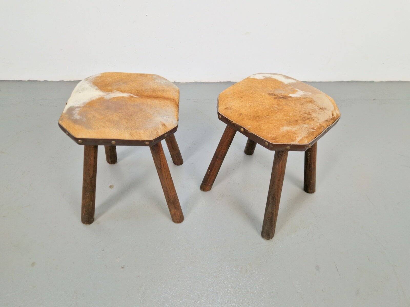 Vintage Milk Stools with Cowhide, 1950s, Set of 2