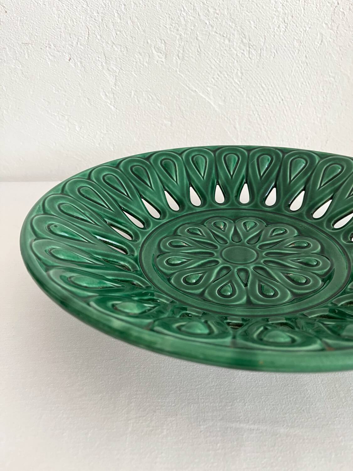 Vintage openwork green ceramic fruit bowl