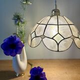 Vintage pendant lampshade in white and blue mother-of-pearl and brass