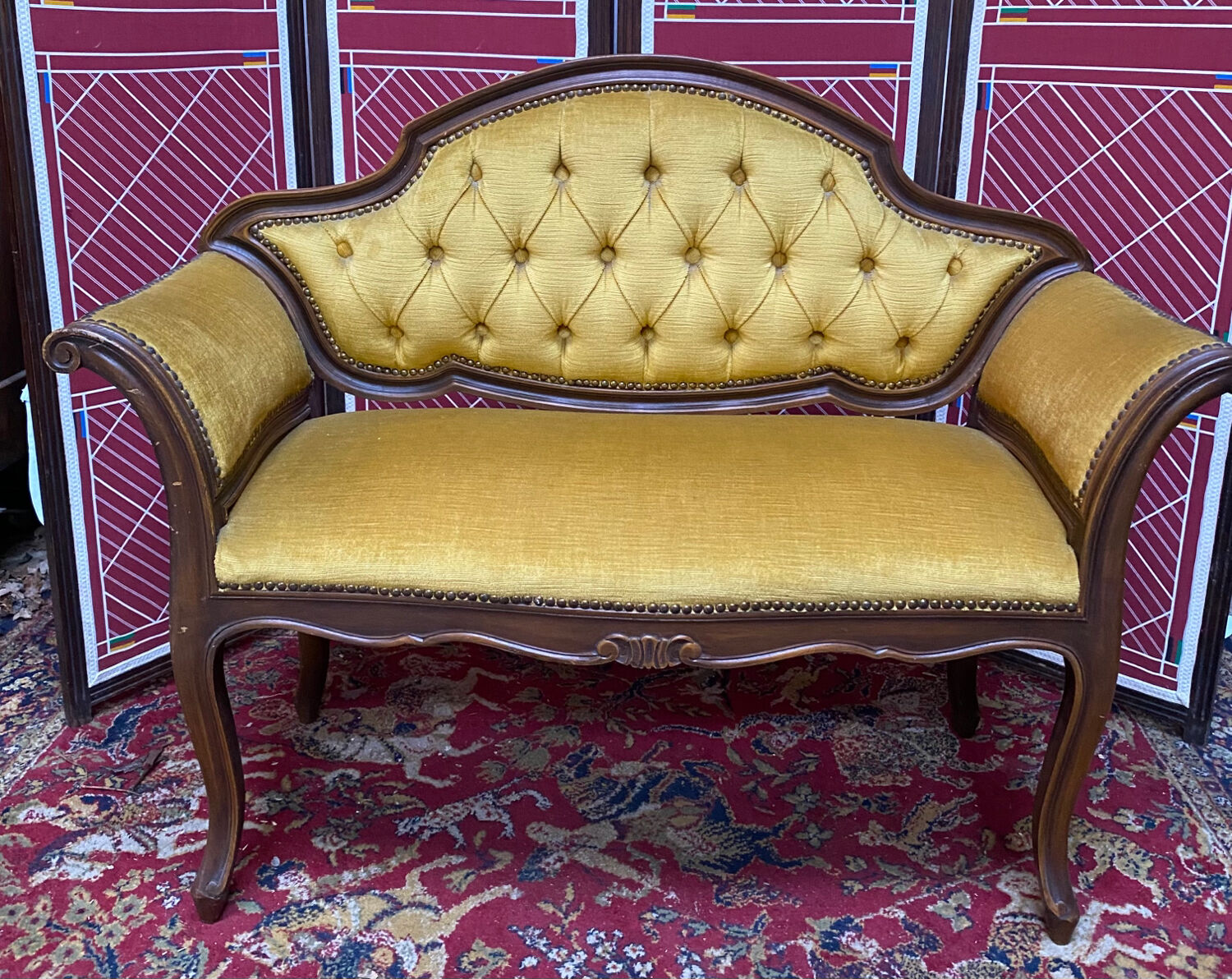 Louis XV style bench upholstered yellow velvet