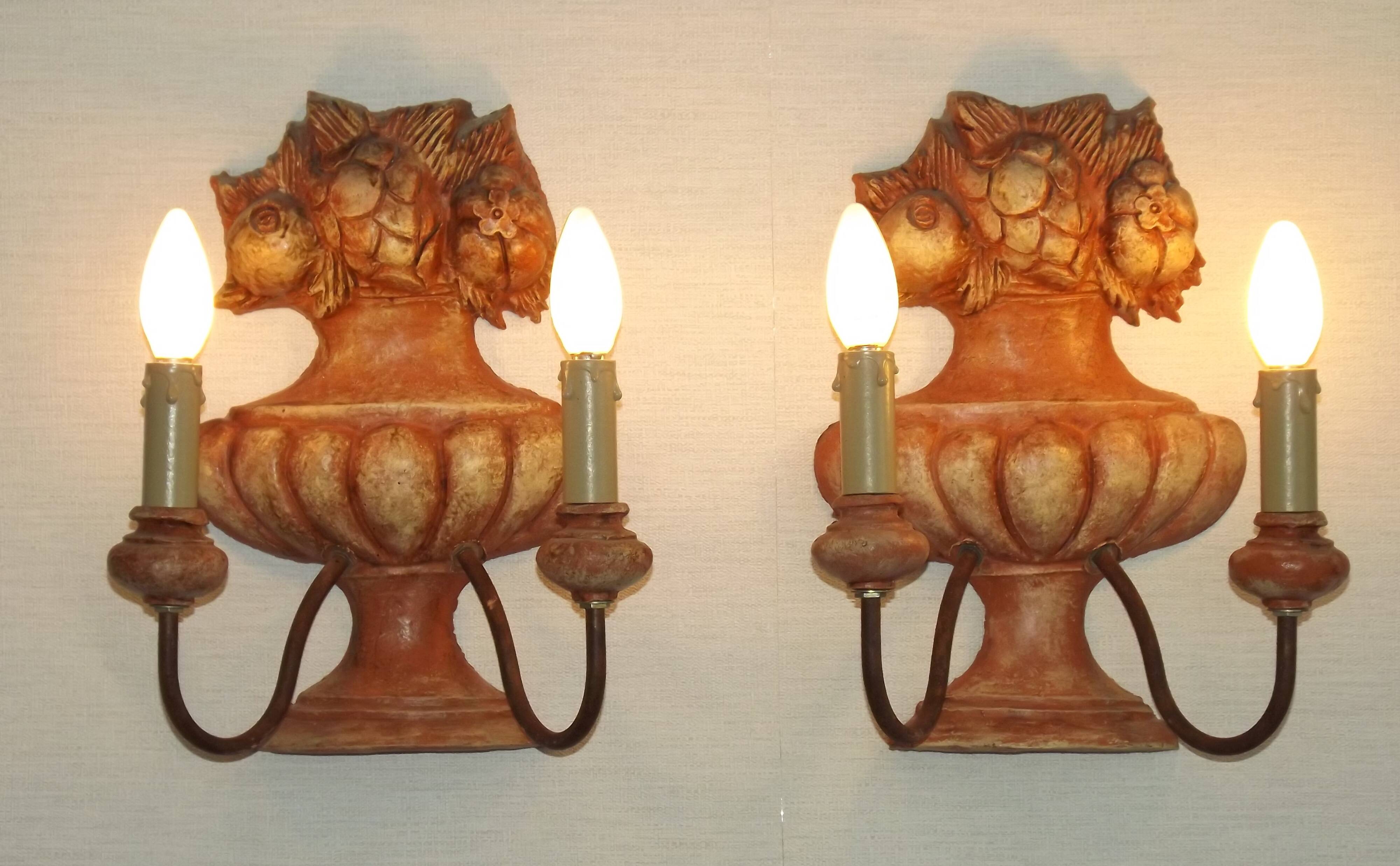 Rare Large Pair of French Terracotta Urn Fruit Basket Double Wall Lights
