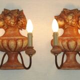 Rare Large Pair of French Terracotta Urn Fruit Basket Double Wall Lights
