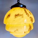 Lampe à suspension art déco en glaçure opaline, gemarmerd, messing, jaren 1930