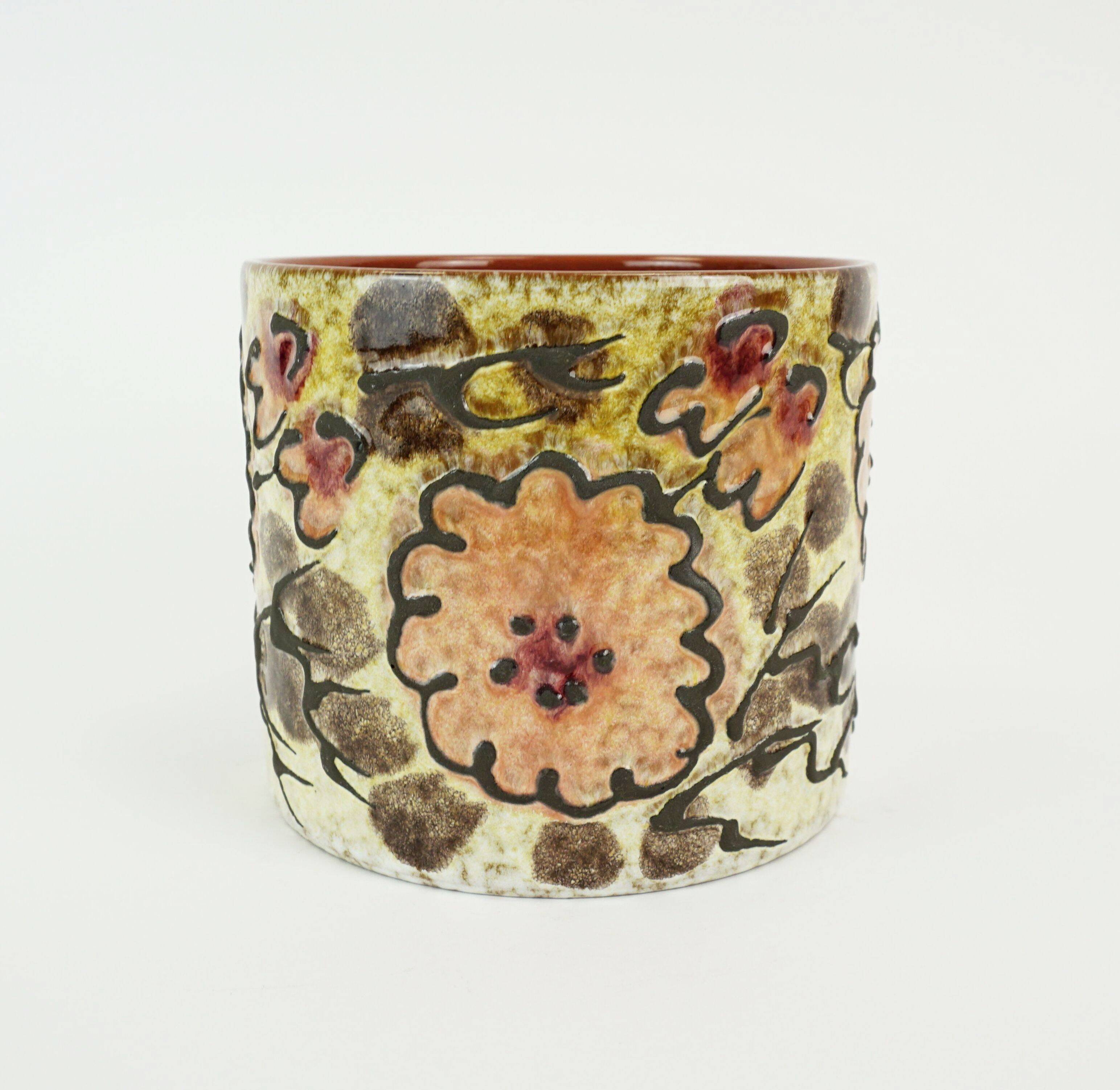 pot de fleurs en céramique vintage des années 1960-70, pot de plante, décor floral en fat lava