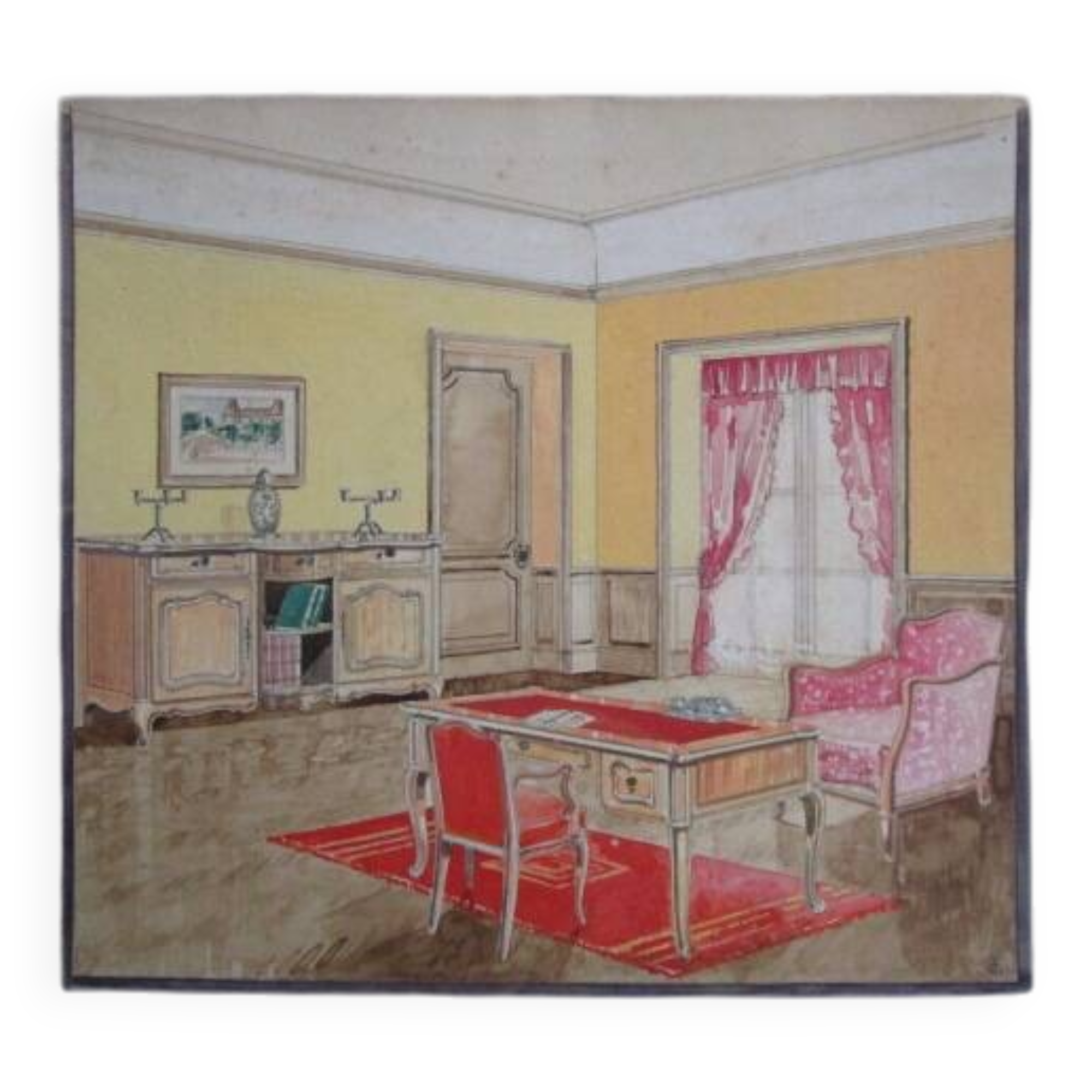 Original old watercolor - Interior architecture