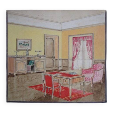 Original old watercolor - Interior architecture