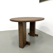 Oval table with T-shaped legs, solid oak, student woodworking project.