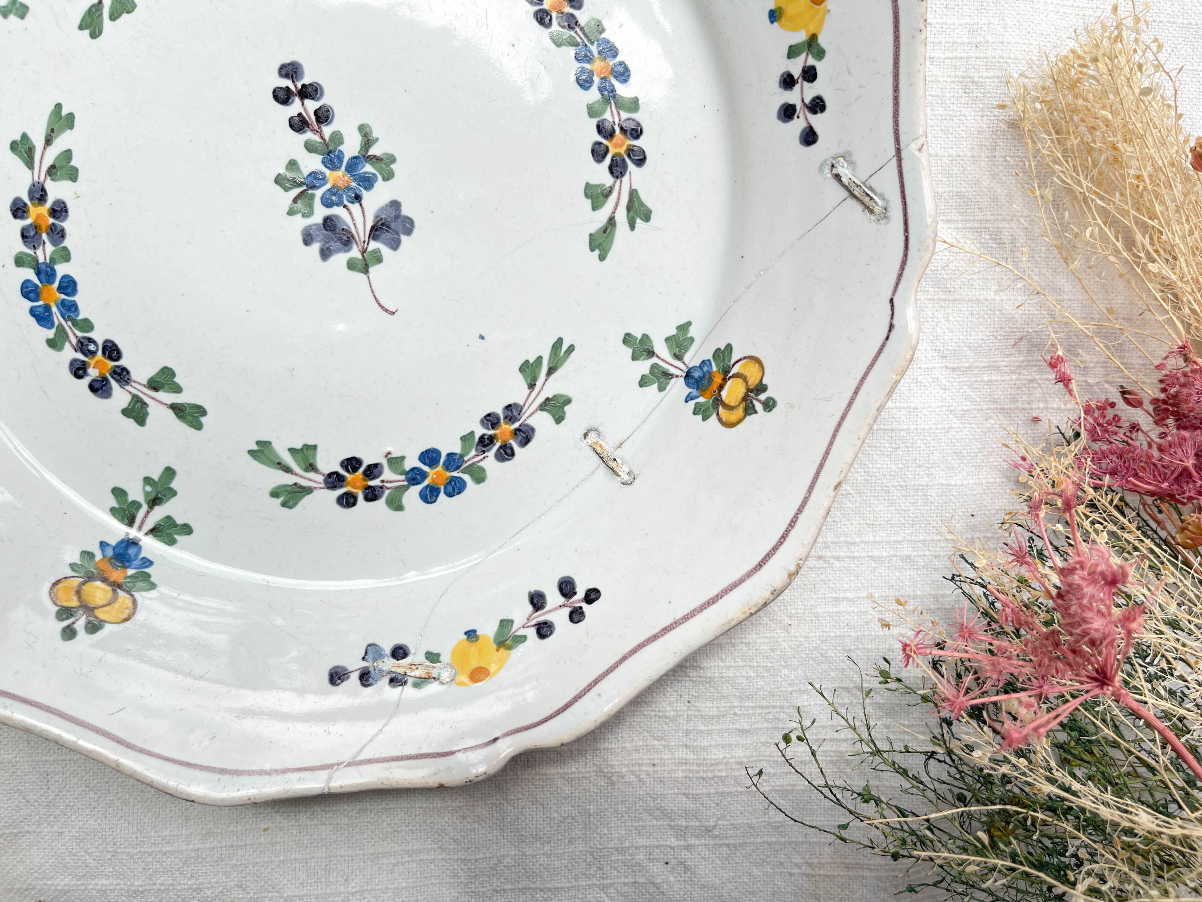 Antique French Earthenware Plate 18th Century NEVERS Small Blue Flowers