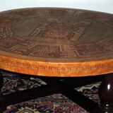 Circular coffee table with tooled leather top by Angel Pazmino for Muebles de Estilo, Ecuador 1970s