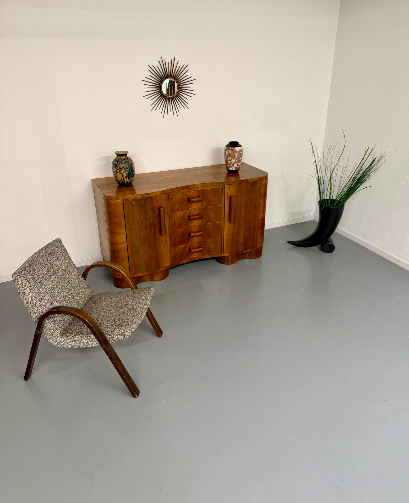 Antique walnut sideboard in Art Deco style from the 1930s.
