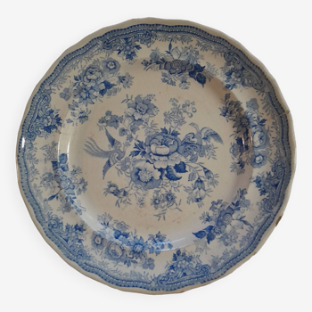 Old blue flower birds plate