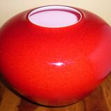 Pot-bellied, art deco vase in speckled ruby red multi-layered glass, white interior