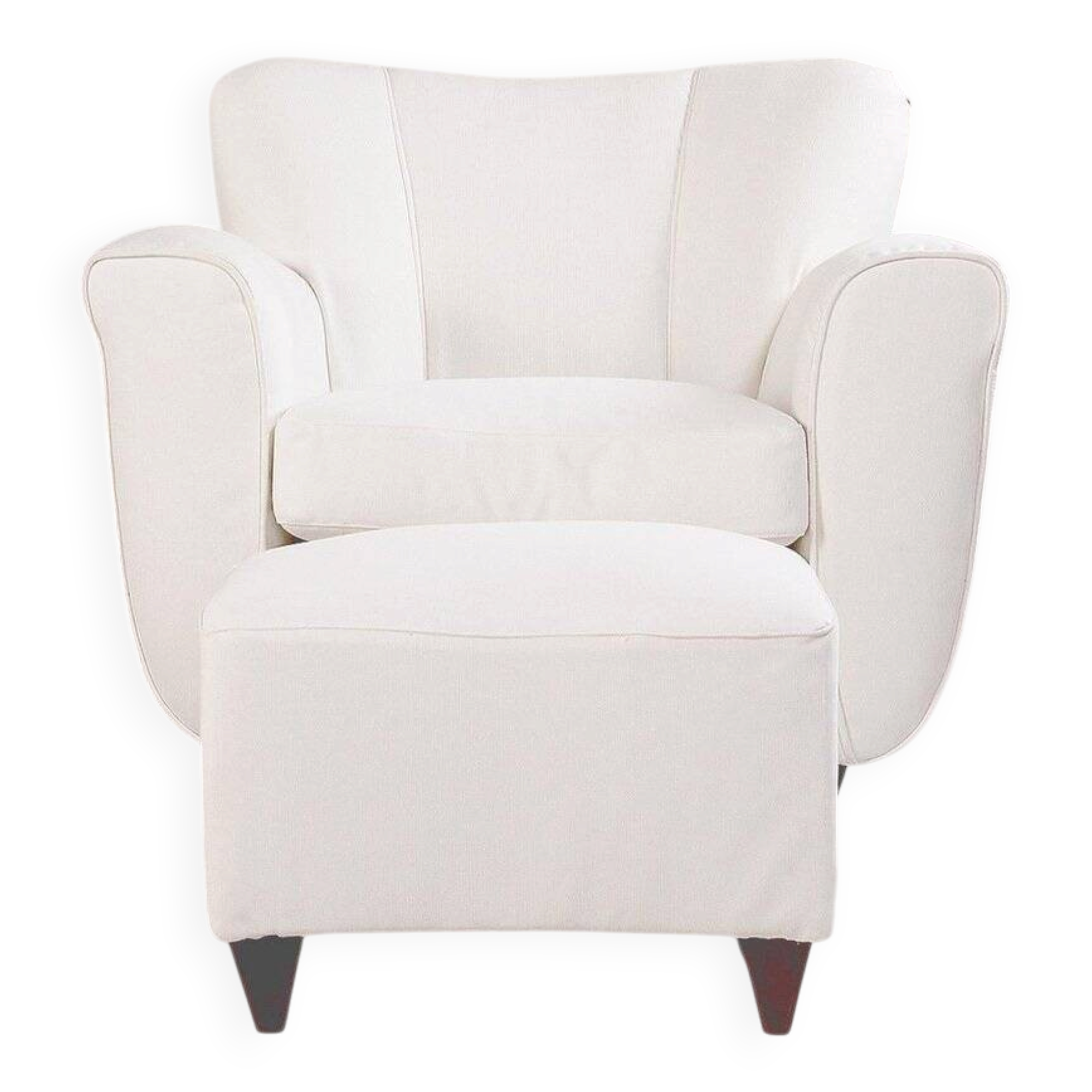 2 sets of Italian armchair with pouf in white fabric, Italy, 1940s