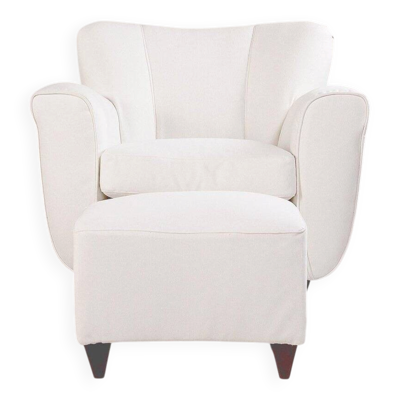 Fauteuils italiens avec pouf en tissu blanc, Italie, années 1940.
