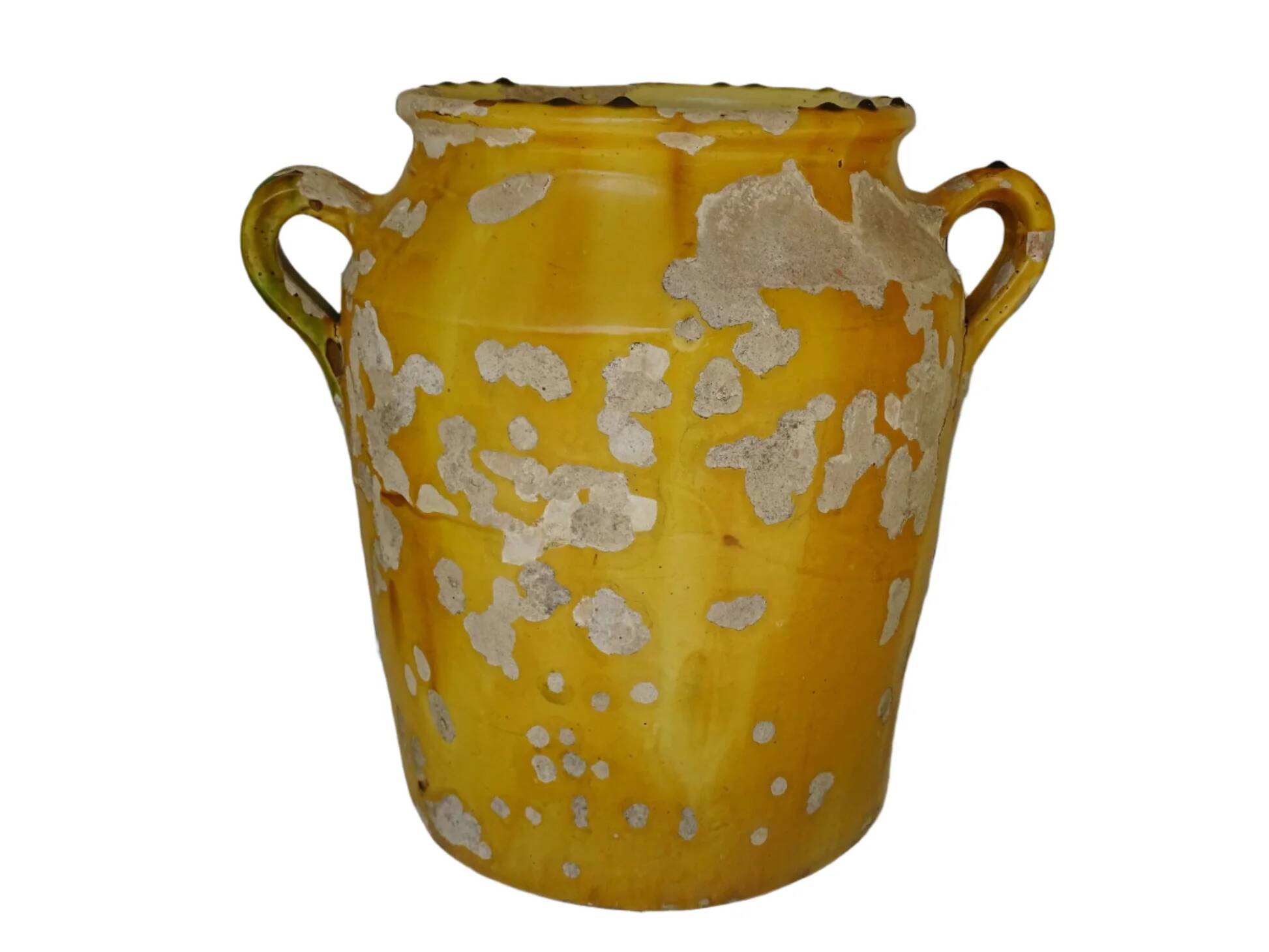 Grande vinaigrette ancienne française à glaçure jaune et verte à motif de pot à confit