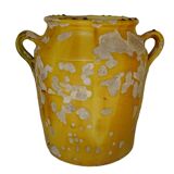 Grande vinaigrette ancienne française à glaçure jaune et verte à motif de pot à confit