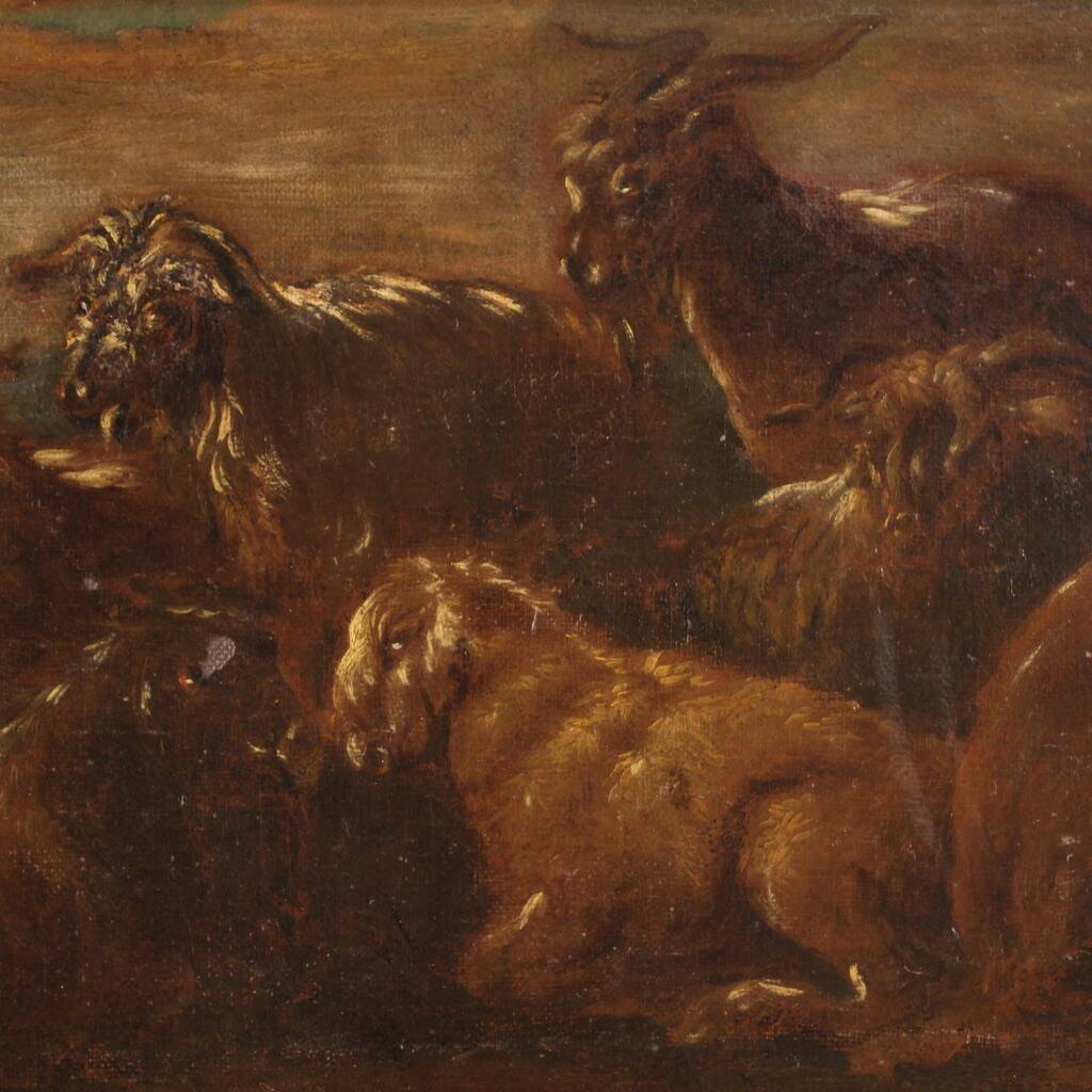 Peinture ancienne paysage avec des chèvres du XVIIe siècle