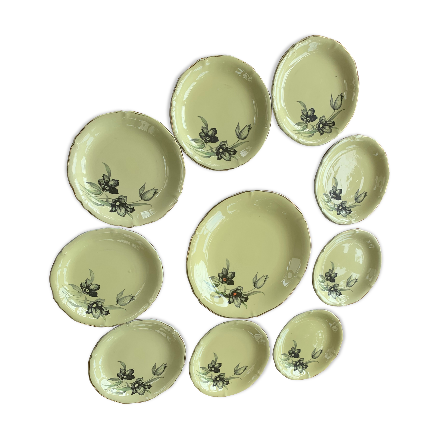 Cake set in yellow earthenware pattern black tulips ceranord Saint-Amand Vintage