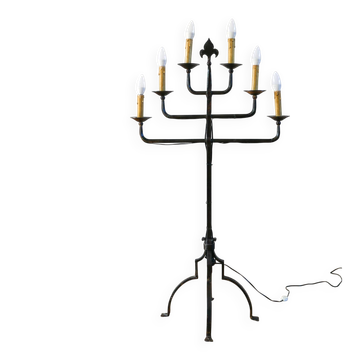 Grand Brutalist floor lamp in wrought iron, six lights, 1970.