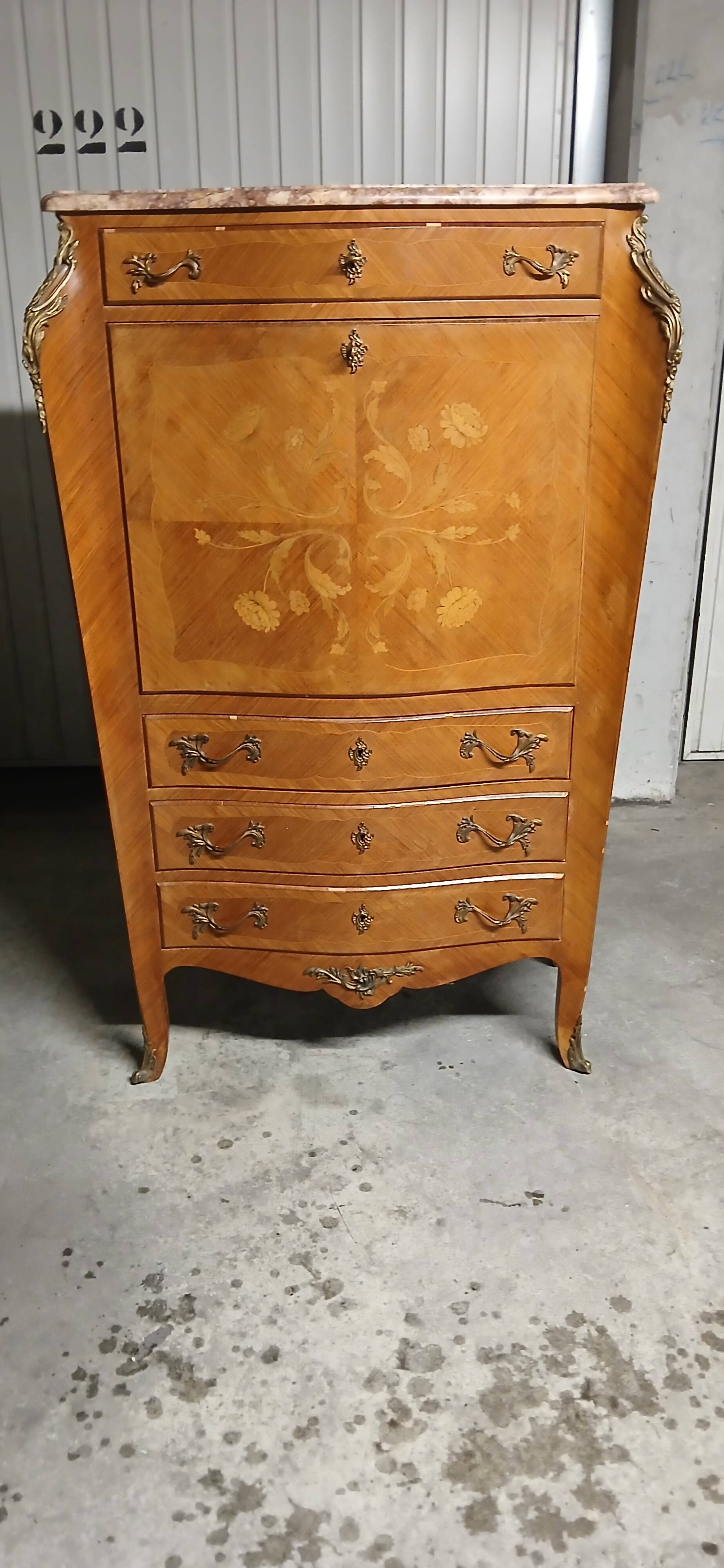 Rosewood secretary desk with floral decoration and marble top