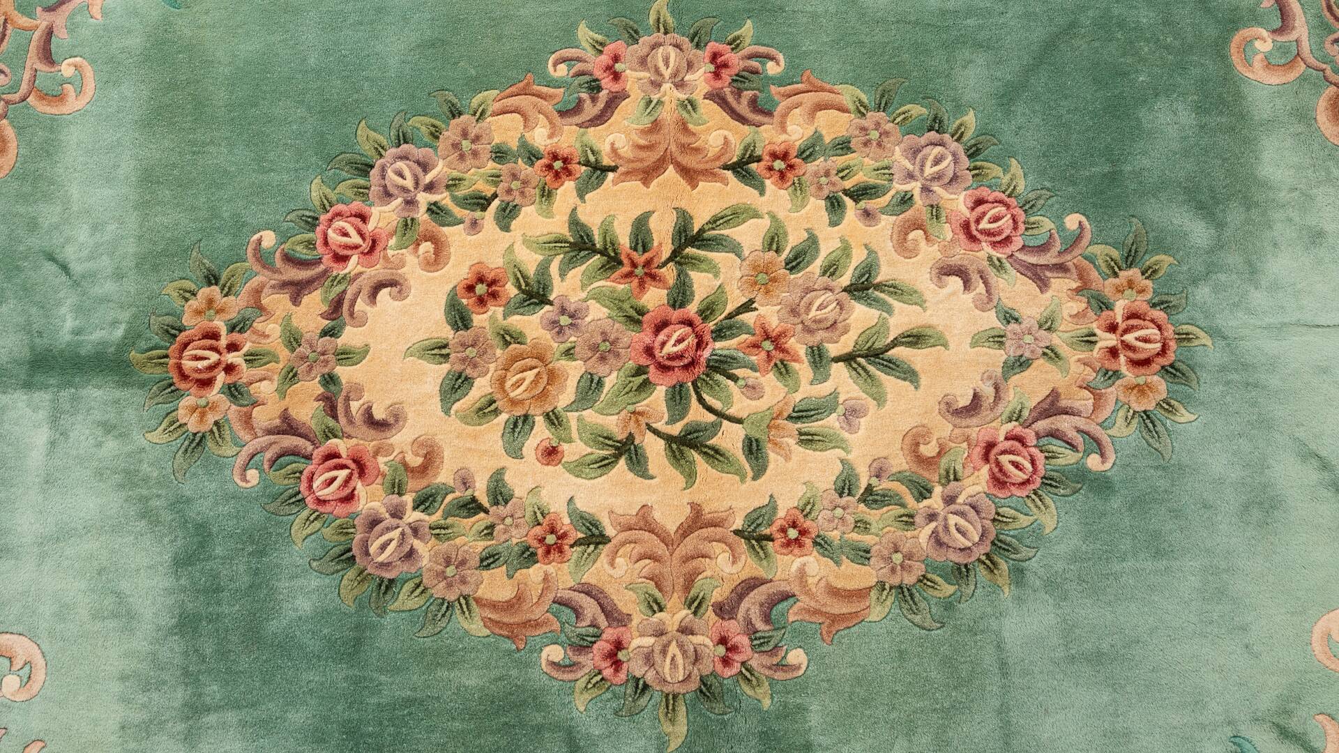 French Green Wool and Floral Rug in the style of Aubusson, 20th Century