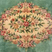 French Green Wool and Floral Rug in the style of Aubusson, 20th Century