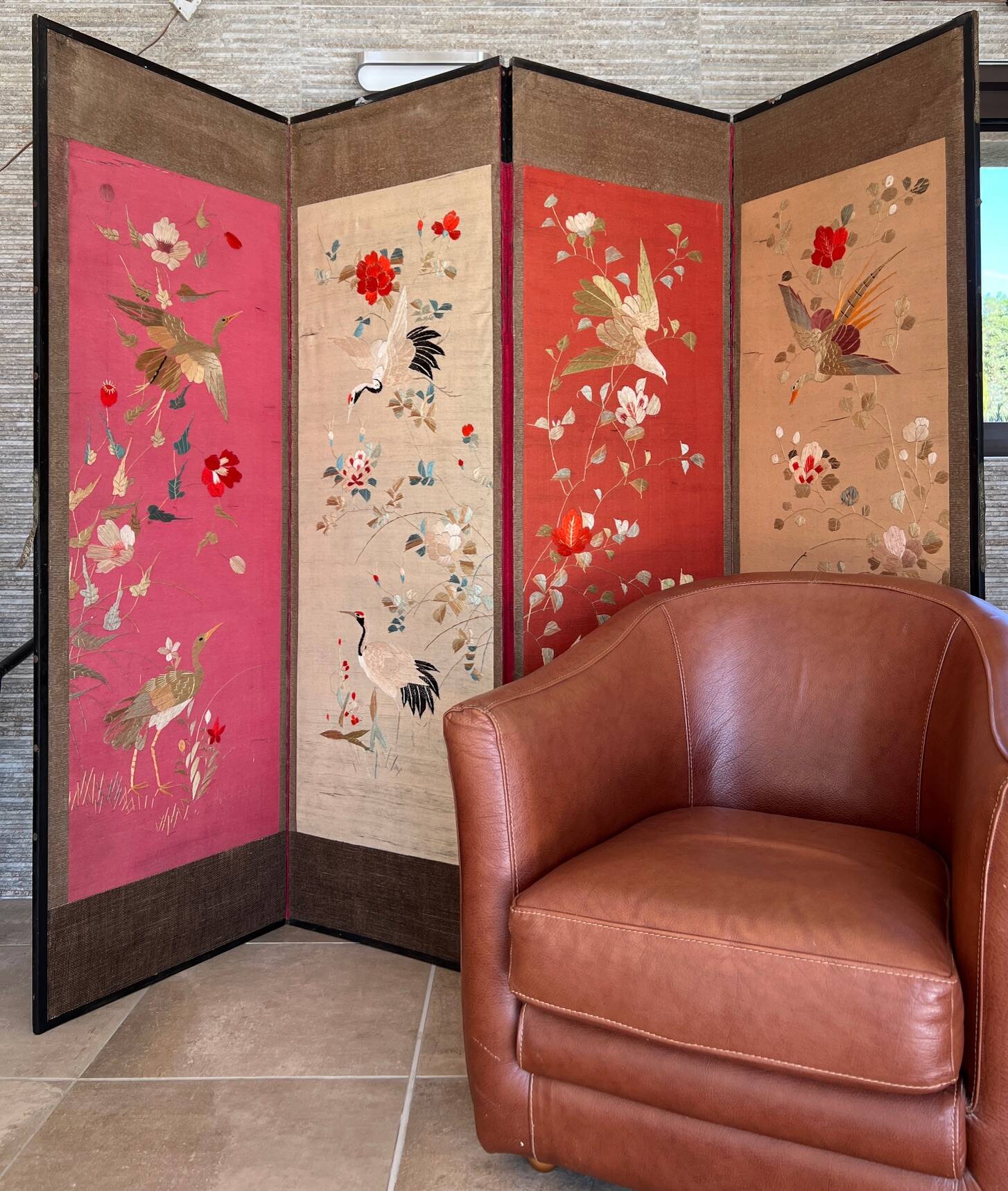 4-panel Japanese screen, 19th century, bird silk embroidery
