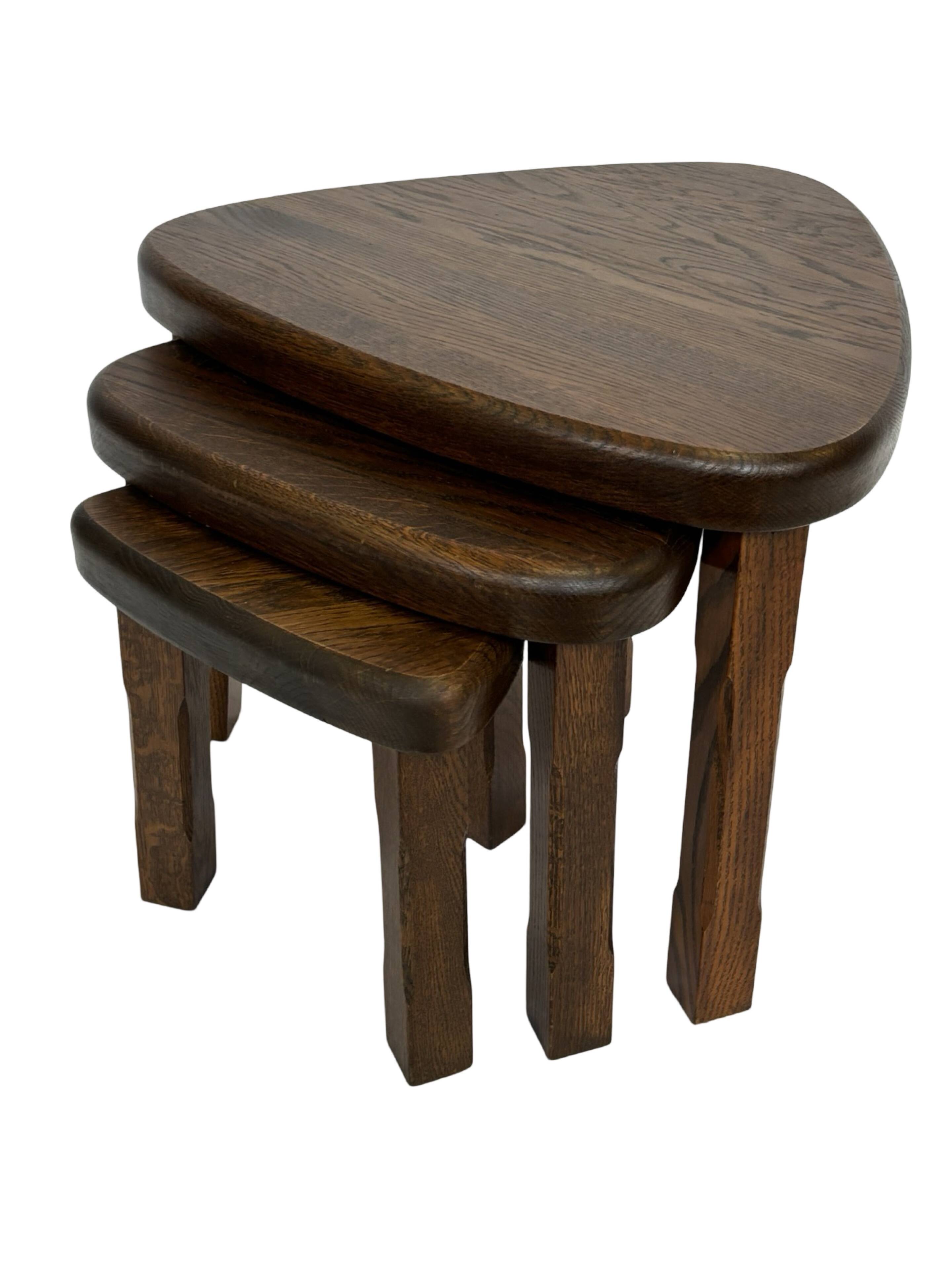 Set of 3 brutalist oak oval side or nesting tables minimalist design 1970s