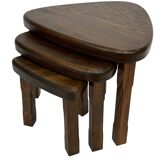 Lot de 3 tables d'appoint ou gigognes ovales brutalistes en chêne au design minimaliste des années 1970