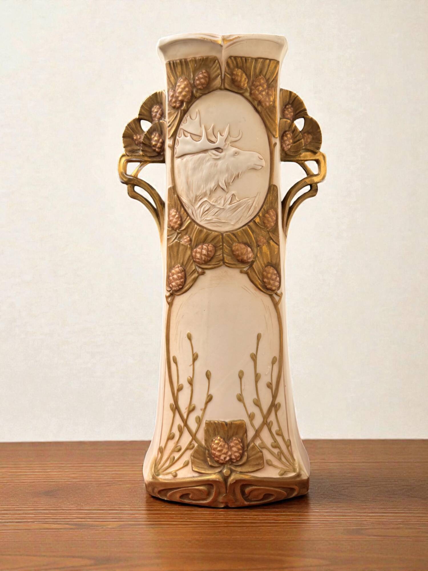 Art Nouveau vase Royal Dux Bohemia, sculpted deer, 1900s