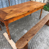 Antique farmhouse table in solid cherry wood with its 2 benches