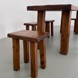 Solid elm dining set including 6 stools France 1970s
