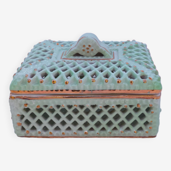 Boîte à bijoux ancienne art déco barbotine en céramique ajourée  italienne