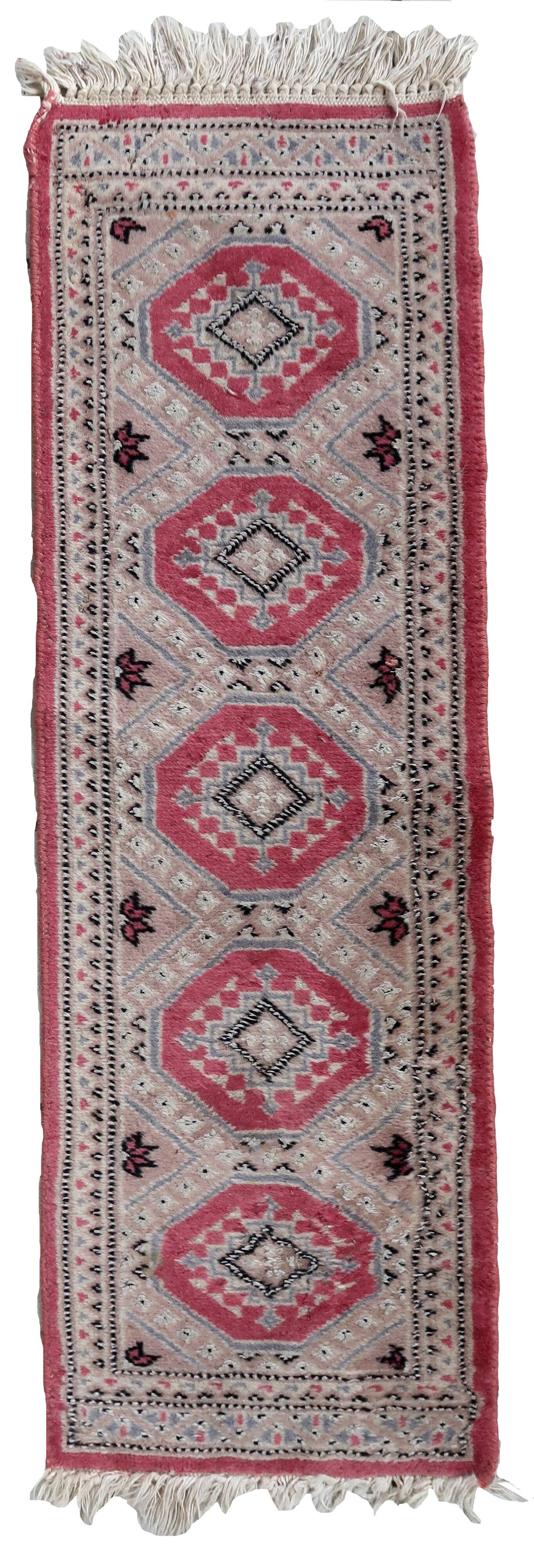 Tapis vintage ouzbek Bukhara fait main en laine et soie – 32 x 97 cm