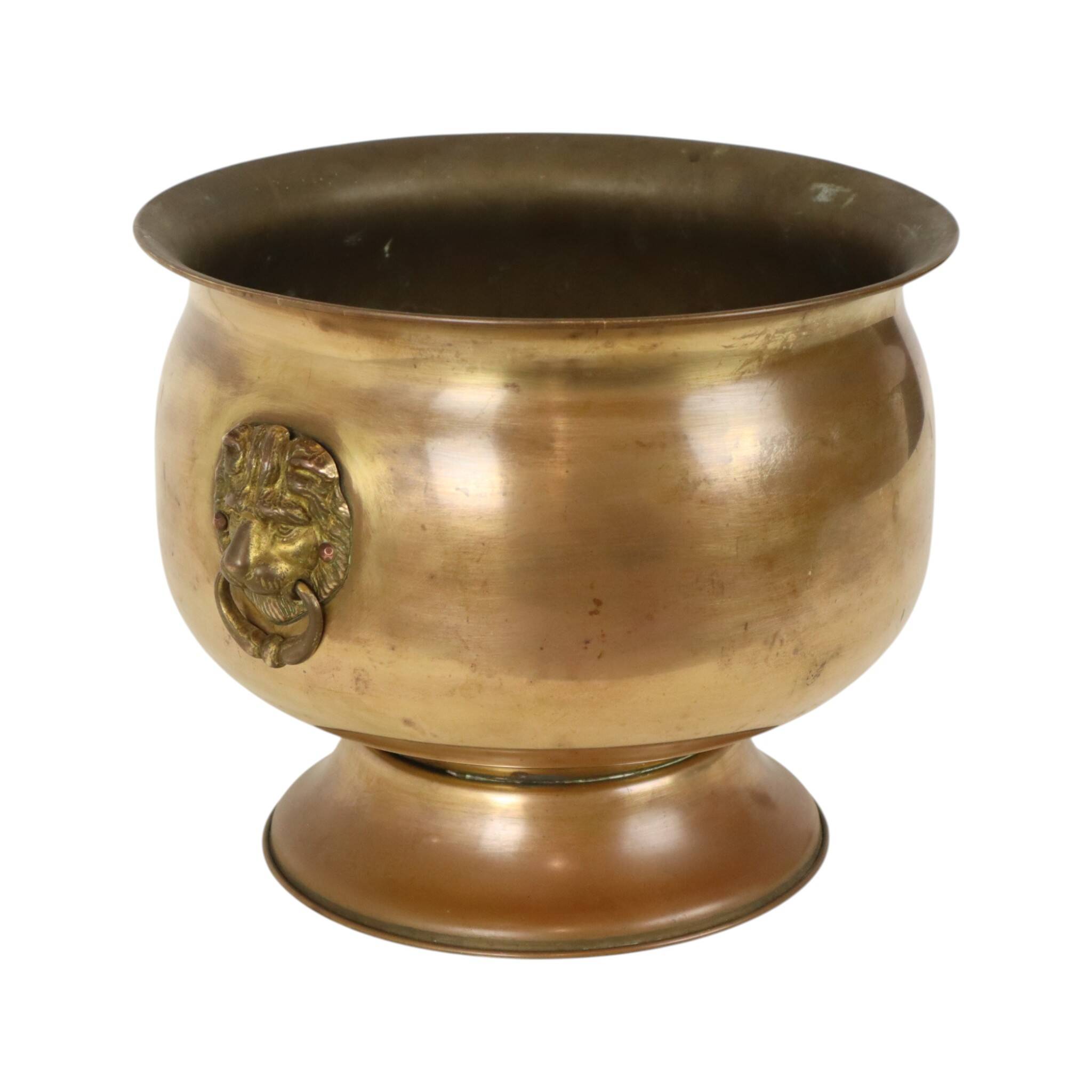 Antique Brass Jardinière Plant Pot with Lion Heads, Early 20th Century