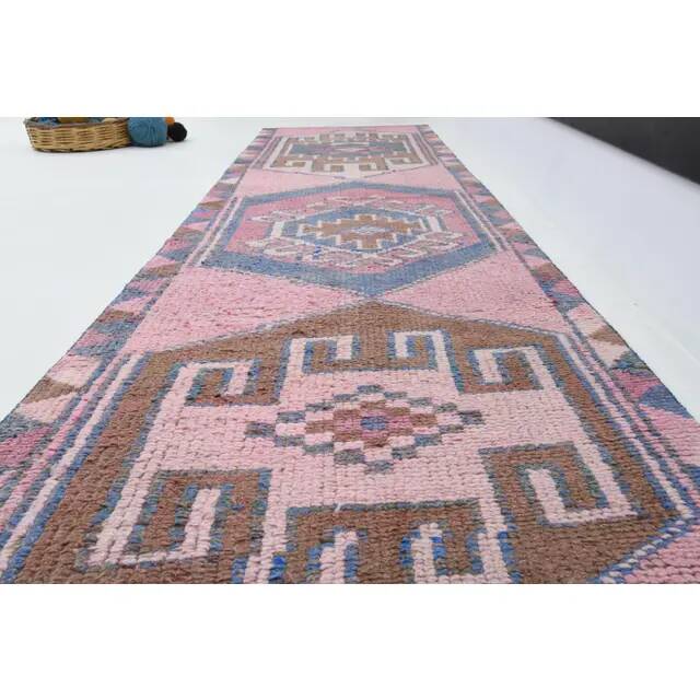 1970s Vintage Turkish Oushak Handmade Wool Cotton Pink Runner Rug 89x299