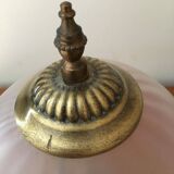 Old table/bedside lamp with glass shade with pink gradients and fringes.
